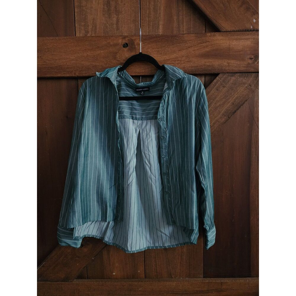 Modern Works Striped Green Button-Up Blouse - Size M